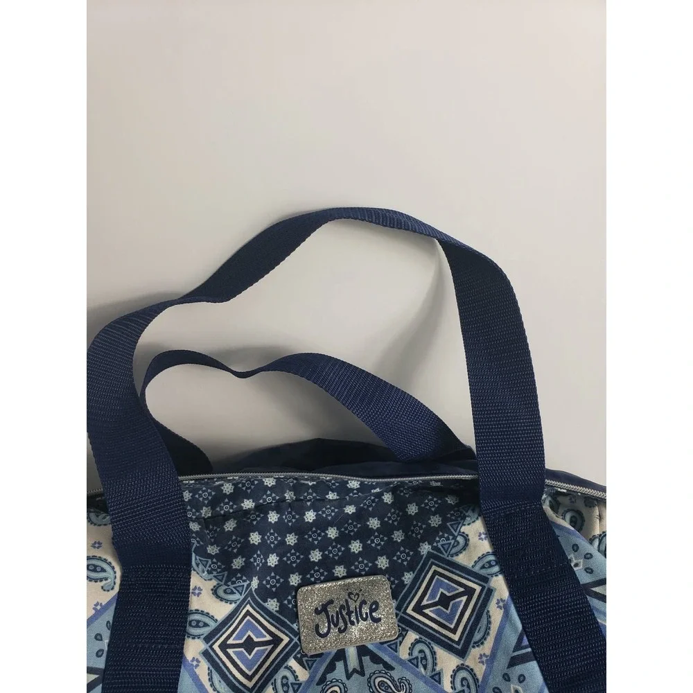 Justice Girls‎ Blue Paisley Geometric Duffle Bag Glitter Logo Crossbody Strap